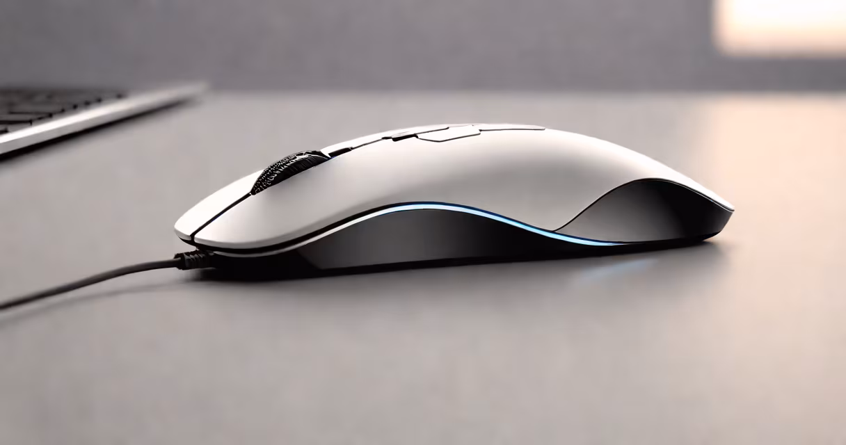 Wireless mouse with sleek design and LED lighting near a PS5 console