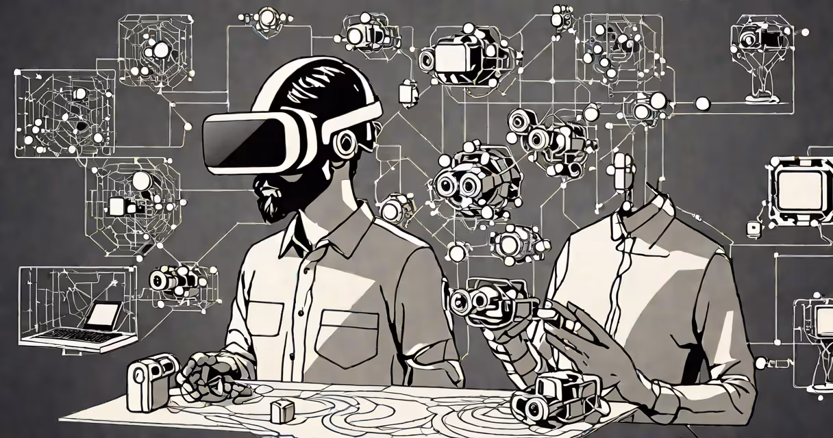 Illustration of a person wearing VR headset interacting with digital avatars in a virtual environment