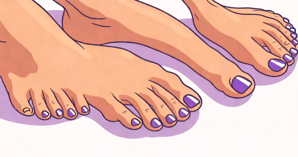 Close-up of feet with purple toes against a neutral background