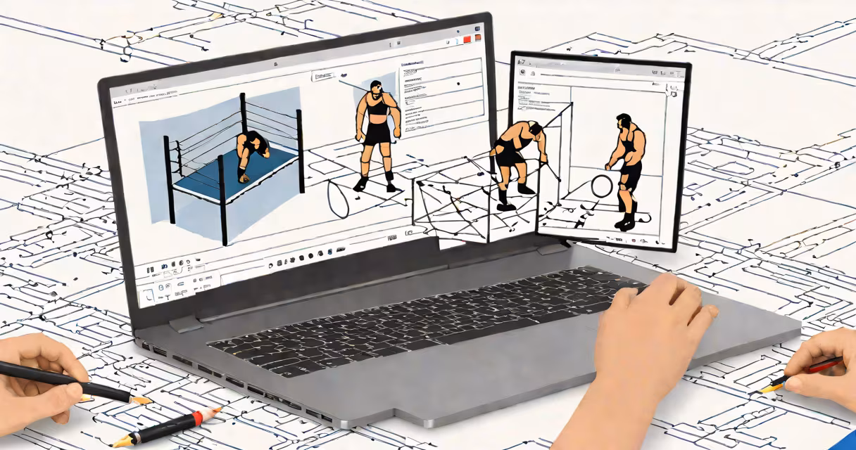 Laptop screen displaying a wrestling match with a streaming interface