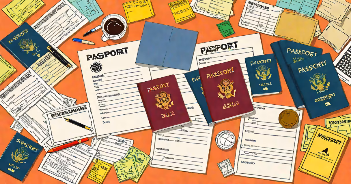 A passport, birth certificate, and utility bill arranged on a table