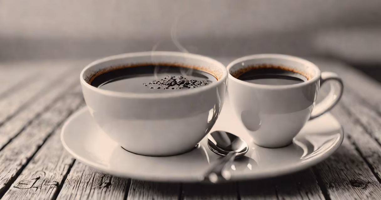 A cup of black coffee on a wooden table with a blurred background