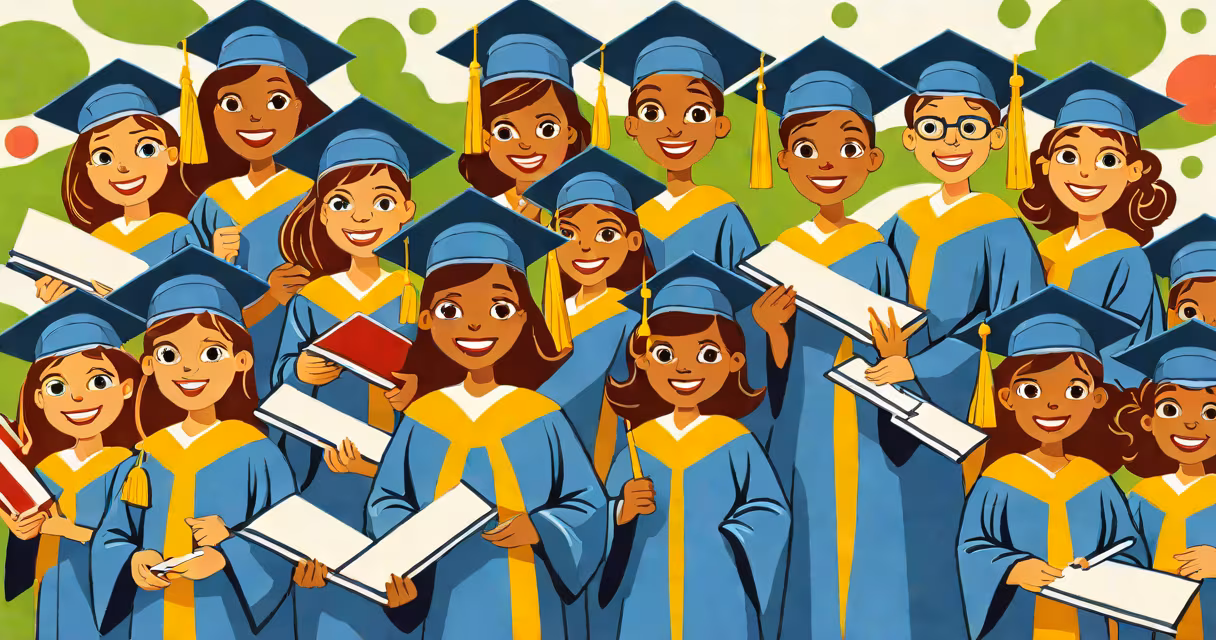 Graduates in caps and gowns holding childcare diplomas