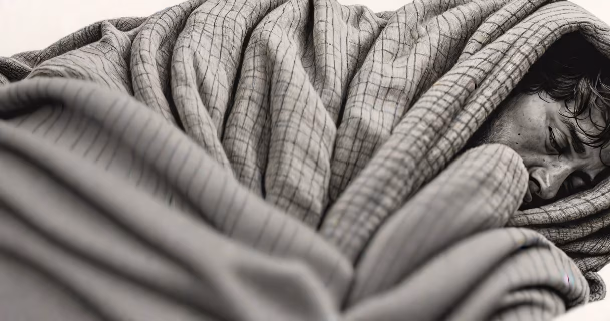 Person wrapped in a blanket despite warm surroundings