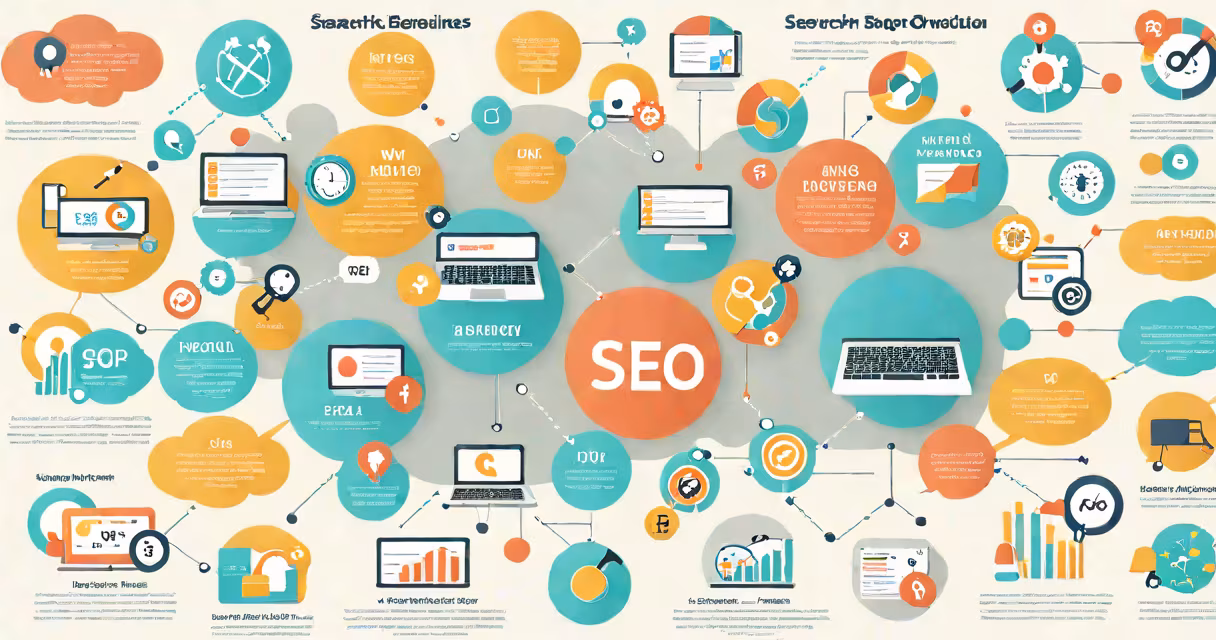 Graphic showing SEO factors like keywords, backlinks, and page speed