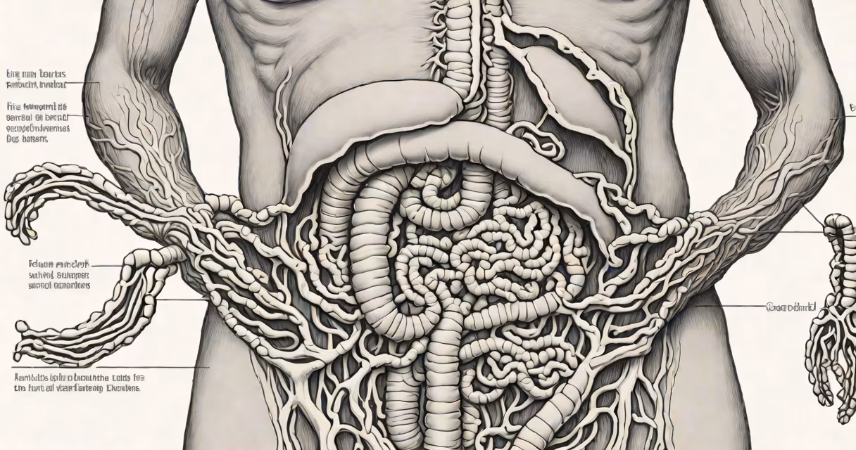 Illustration of the digestive system highlighting the intestines