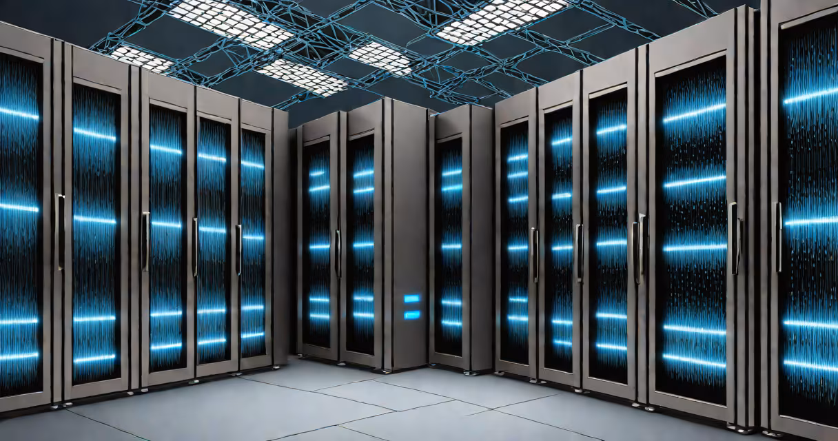 Server racks in a data center with glowing blue lights