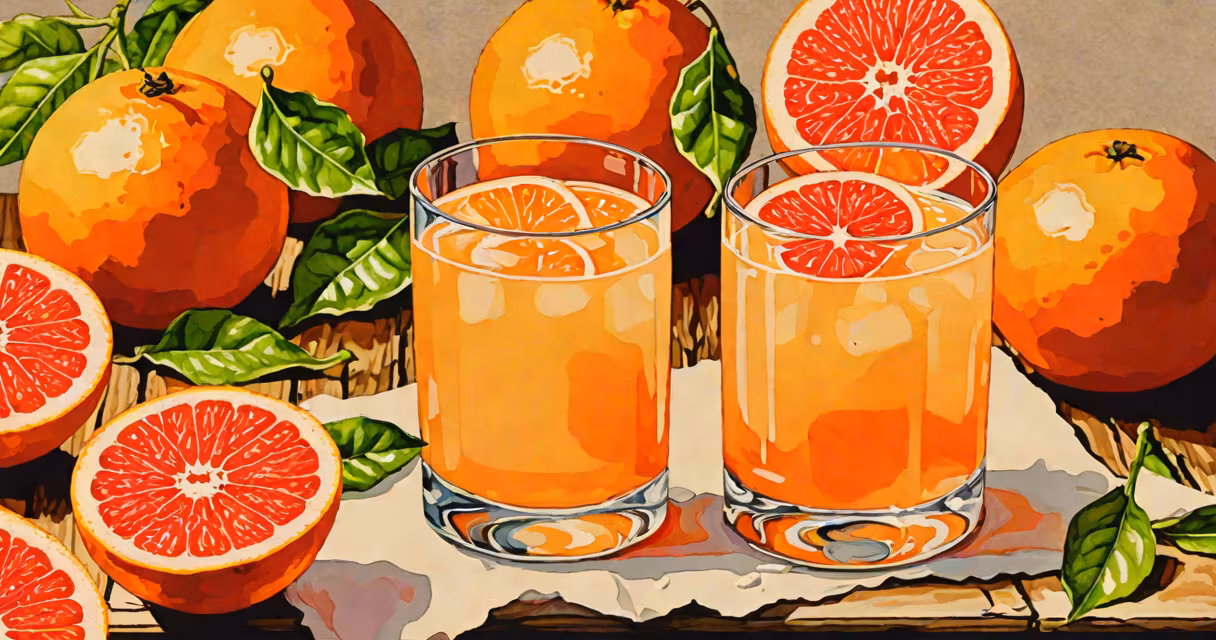 Fresh grapefruits and a glass of grapefruit juice on a wooden table
