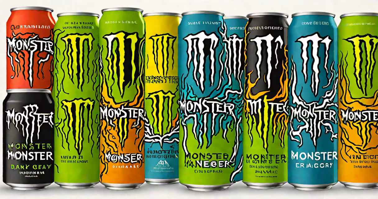 Colorful lineup of Monster Energy cans against a white background