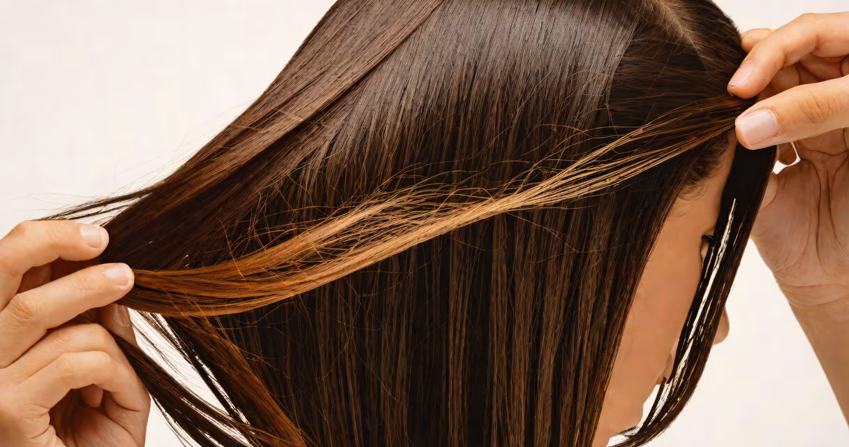 A person holding a healthy strand of hair against a white background