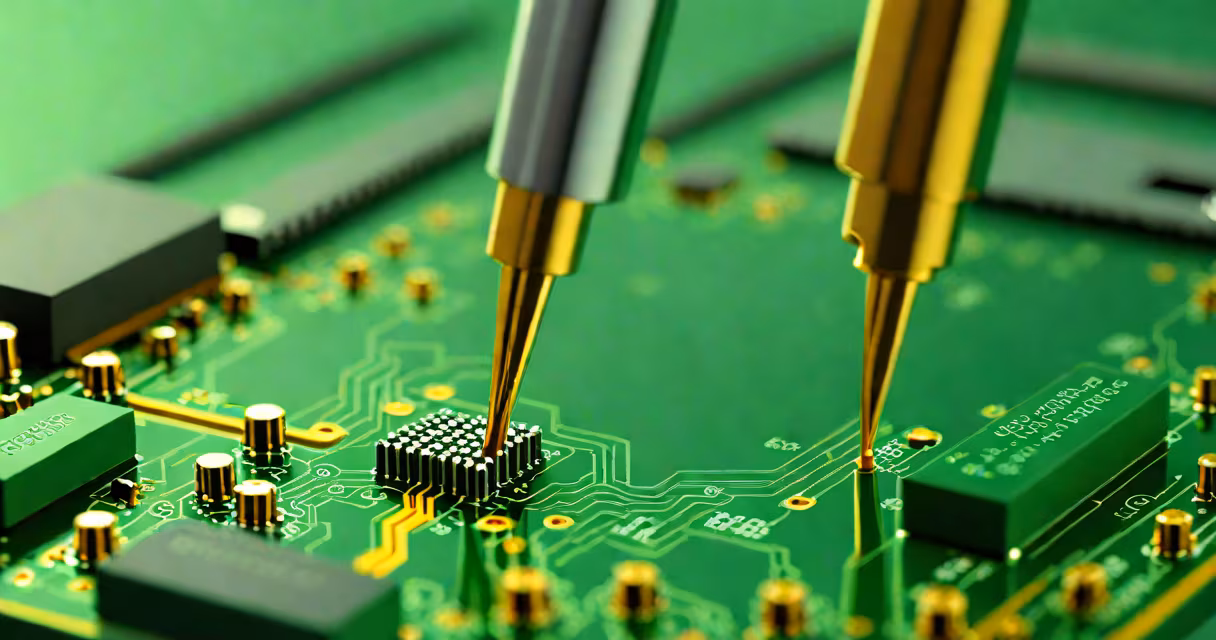 Close-up of a soldering iron melting solder wire onto a circuit board
