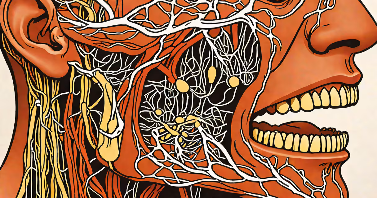 Medical illustration showing facial muscles and nerve pathways