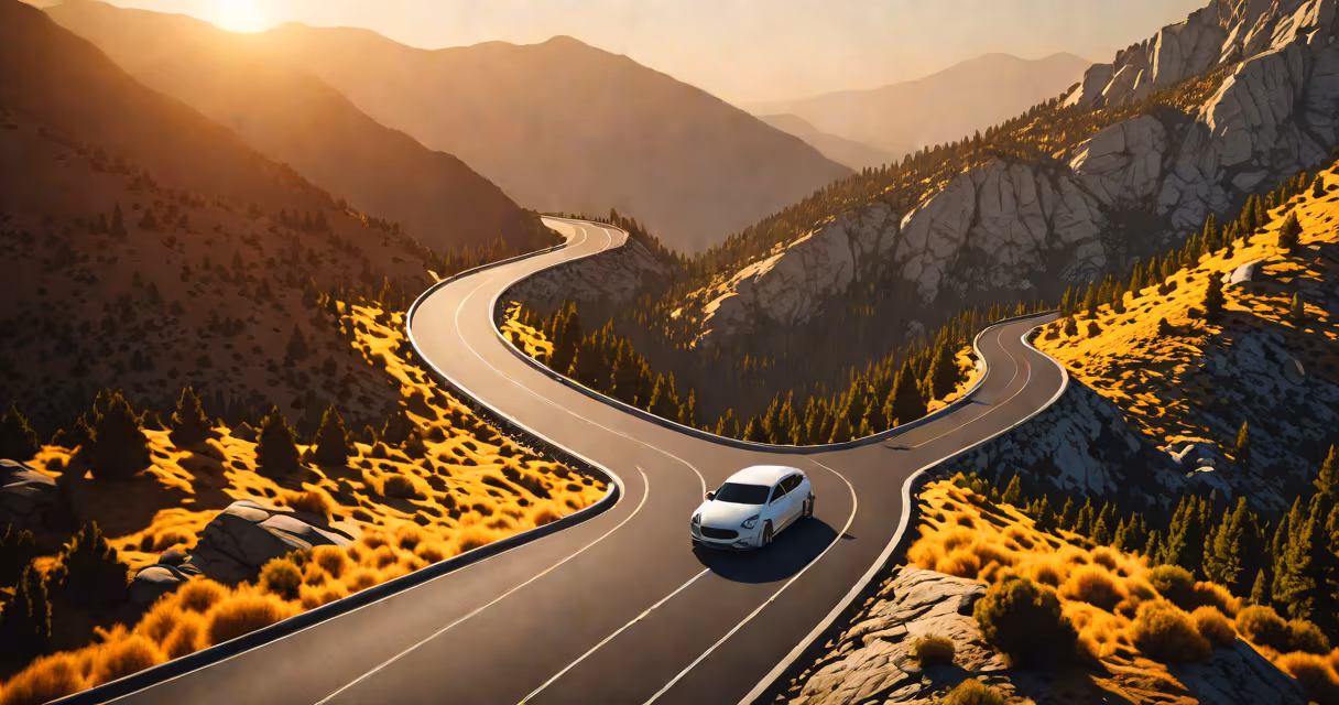 Scenic highway winding through mountains with a car driving along it
