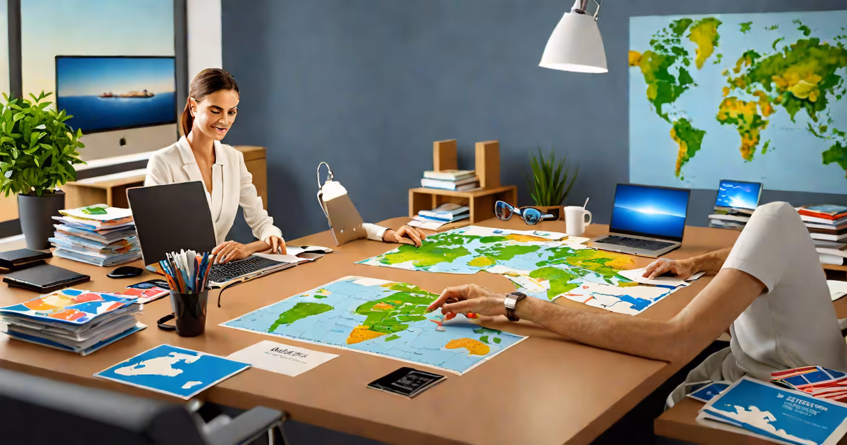 Travel agent assisting a client at a desk with maps and brochures