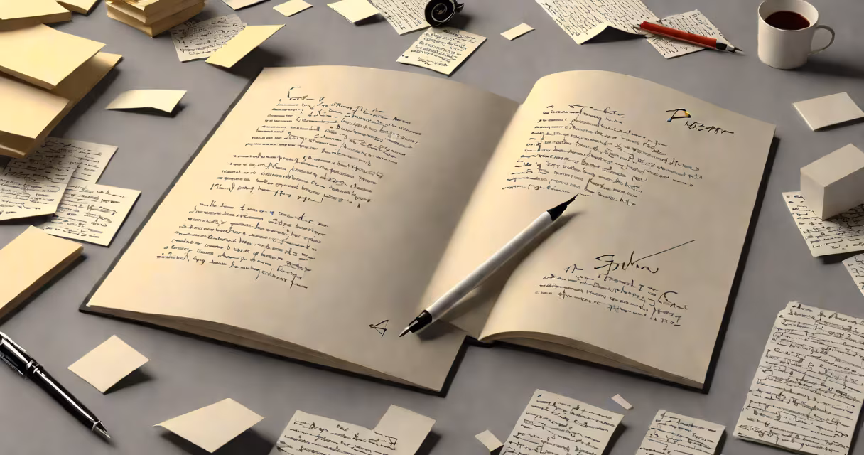 A notebook with a pen resting on top, surrounded by scattered poem drafts