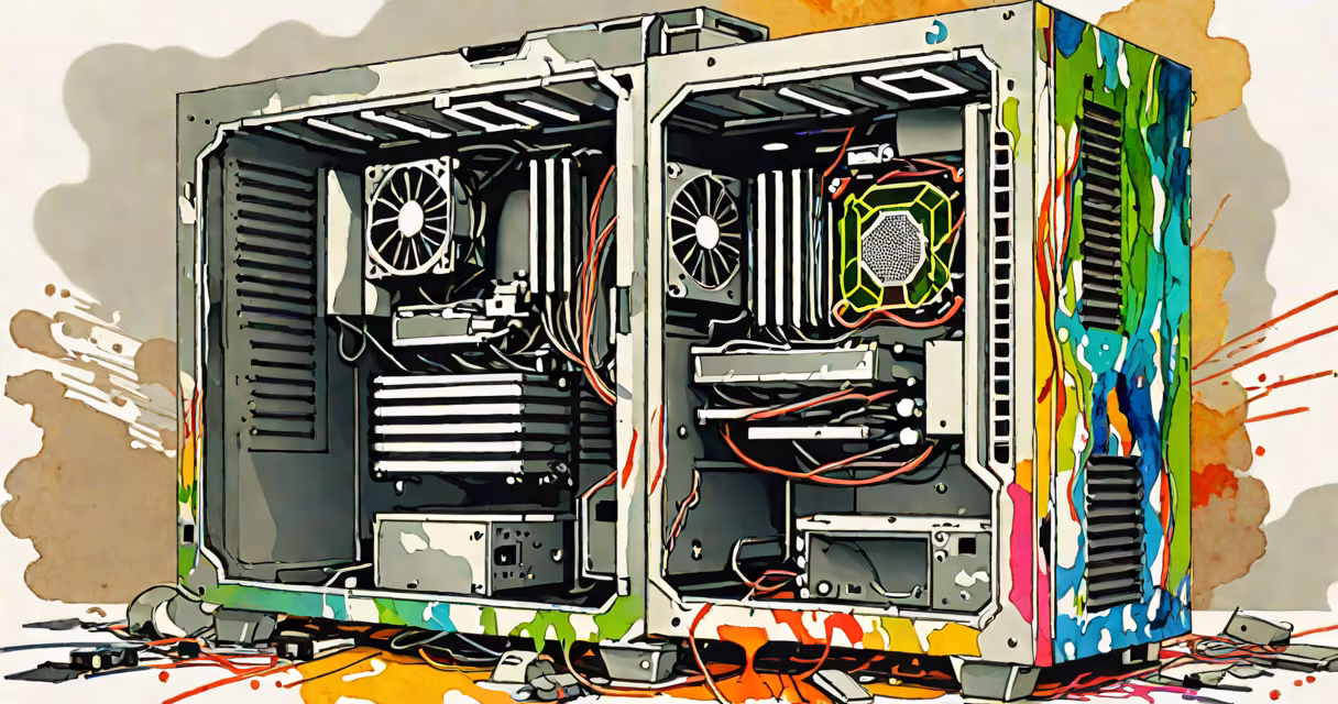 A computer tower with its side panel removed, showing internal components including a GPU