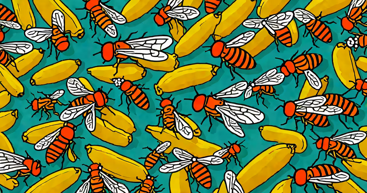 Close-up of fruit flies on a rotting banana peel