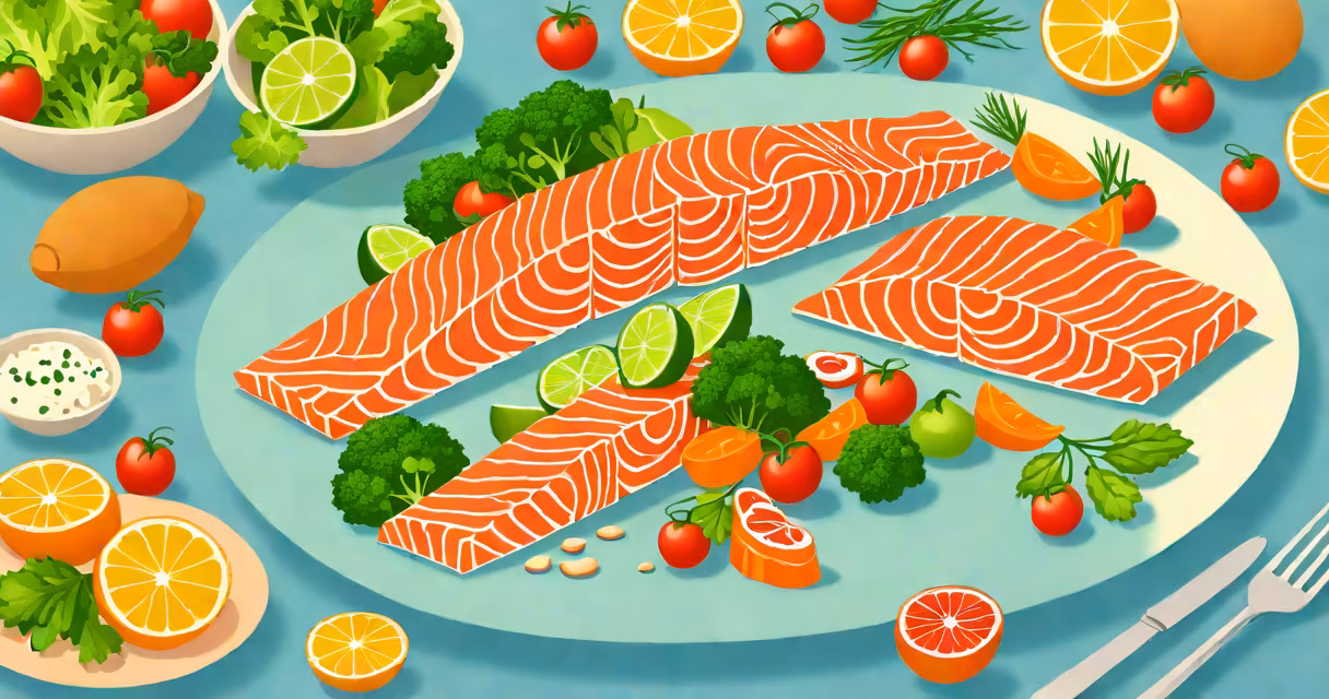 A cooked salmon fillet on a plate with vegetables