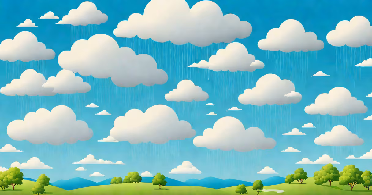 Cumulus clouds over a blue sky with rain falling below