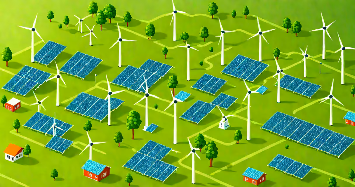 Wind turbines and solar panels generating clean energy in a rural landscape