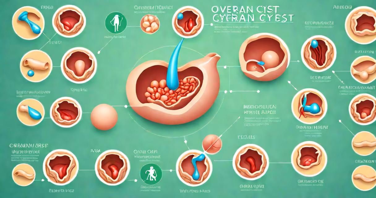 Medical illustration showing ovarian cysts and menstrual cycle stages
