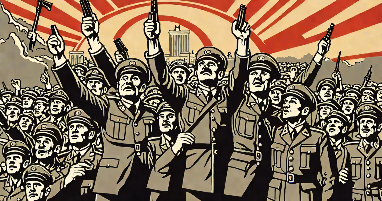 A black-and-white photo of a Soviet-era propaganda poster