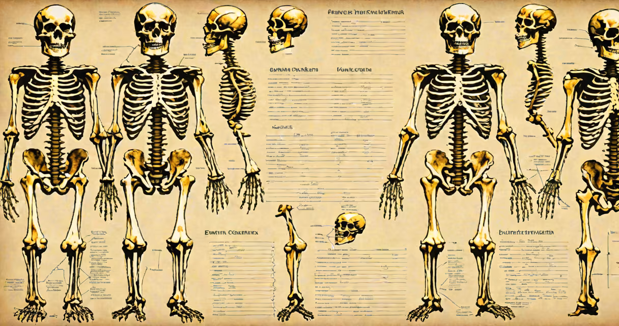 Anatomical illustration of the human skeletal system with labeled bones