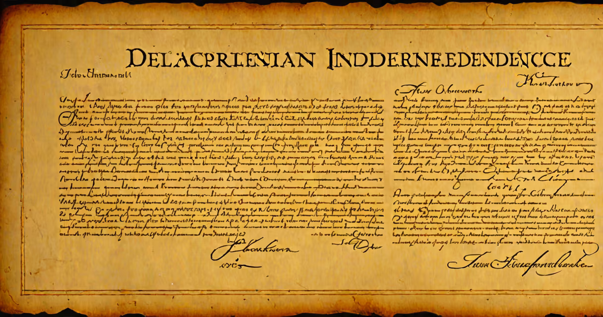 Aged parchment showing the Declaration of Independence with John Hancocks signature