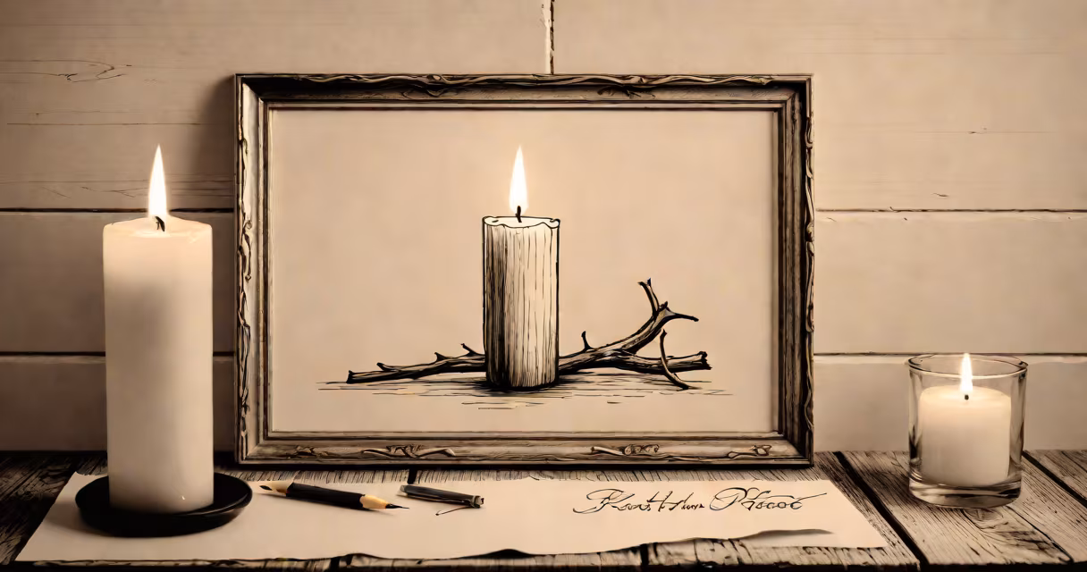 A candle and a framed photo on a wooden table