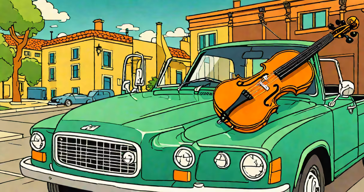 A violin resting on the hood of a Volvo truck
