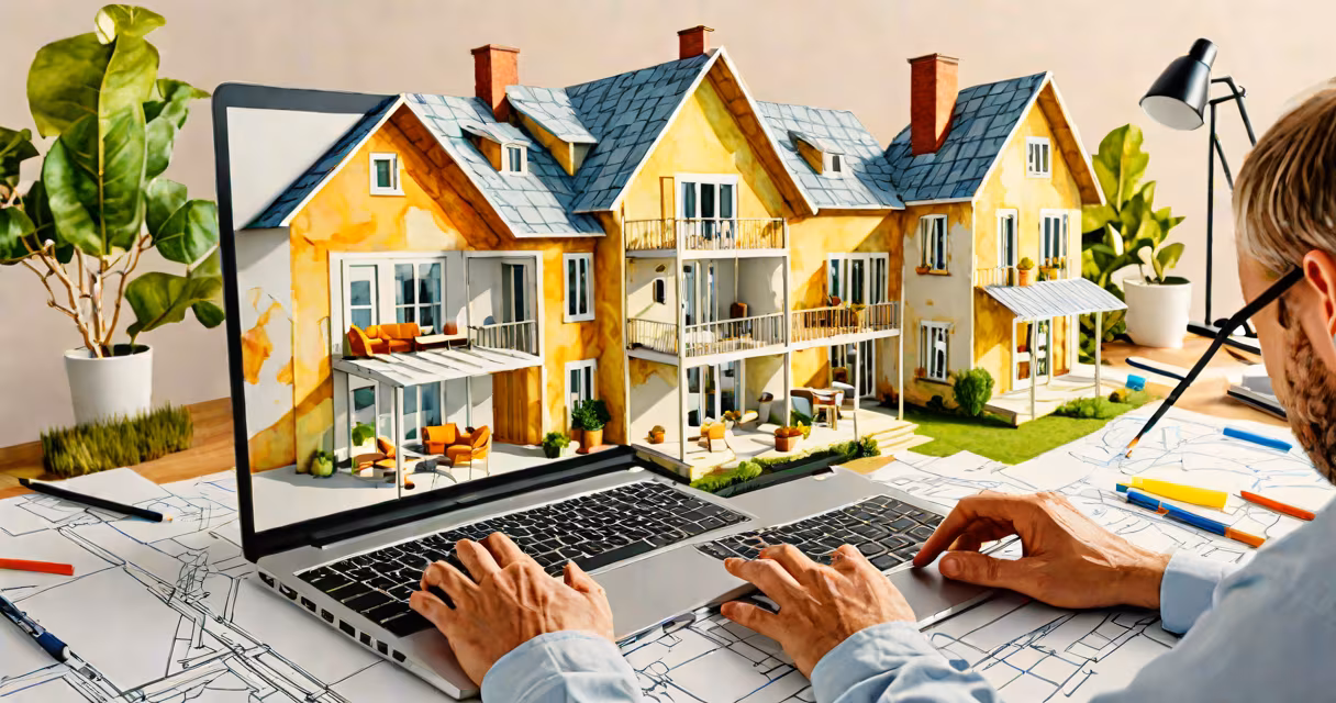 Architect working on a laptop displaying 3D house model