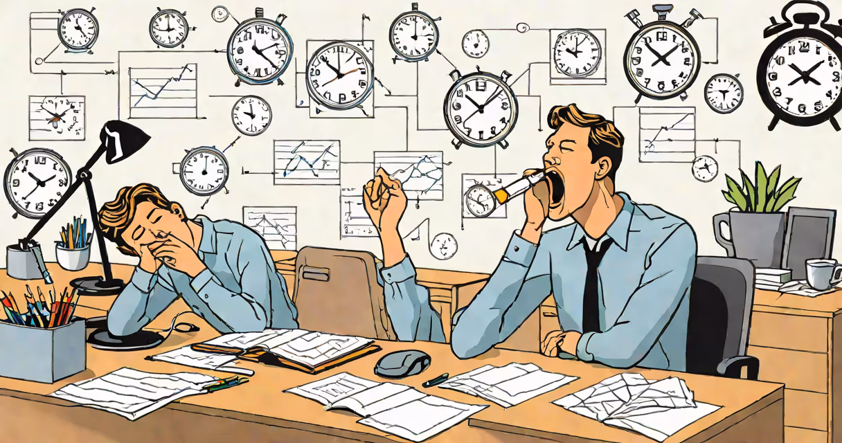 A person yawning at a desk with a clock showing 3 PM