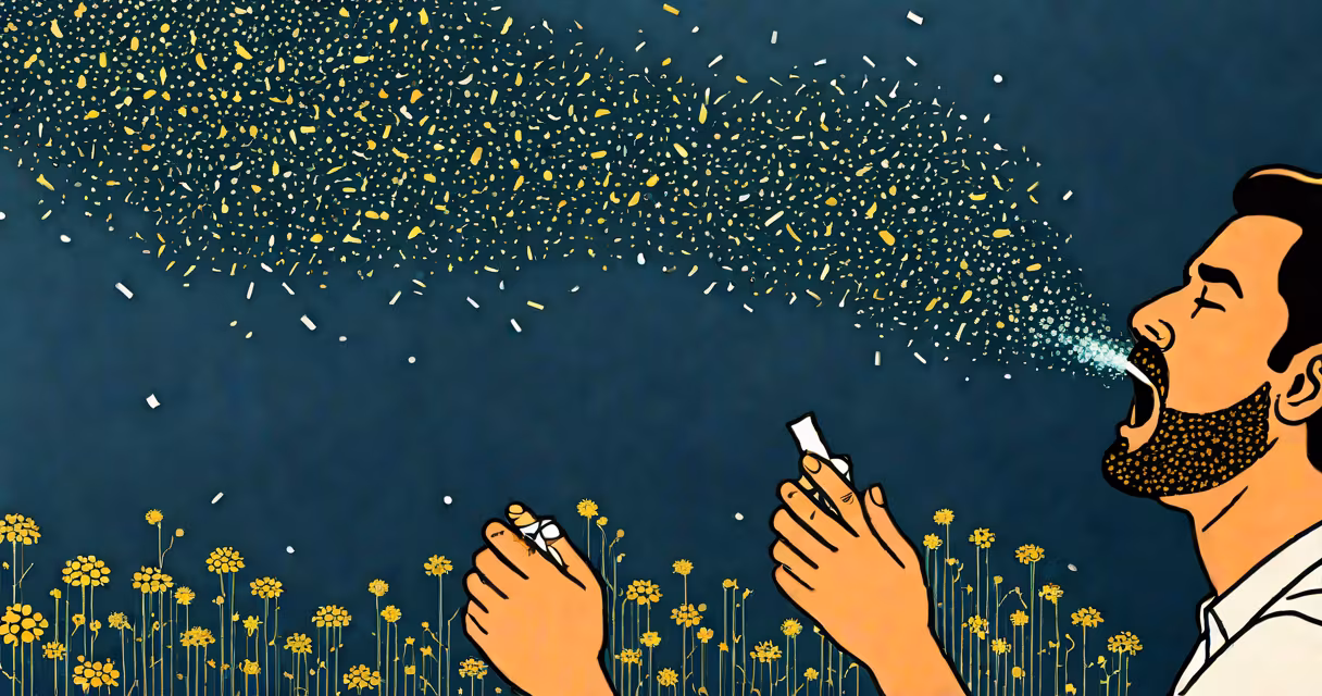 A person sneezing surrounded by pollen particles floating in the air
