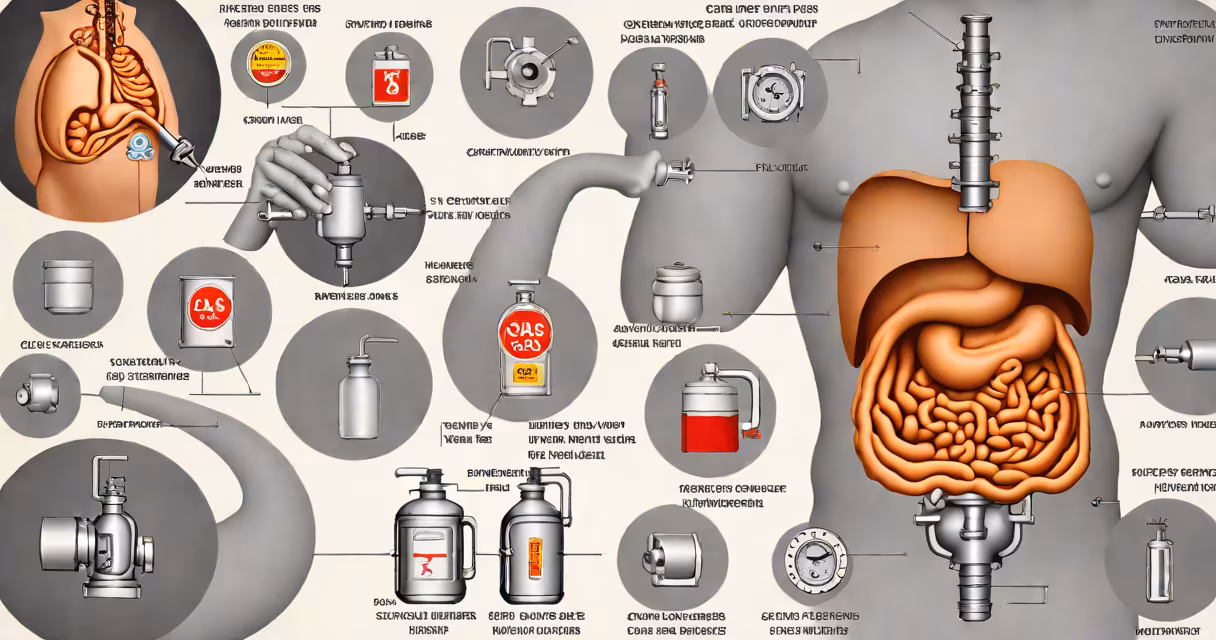 Diagram showing common areas where gas pains are felt in the abdomen