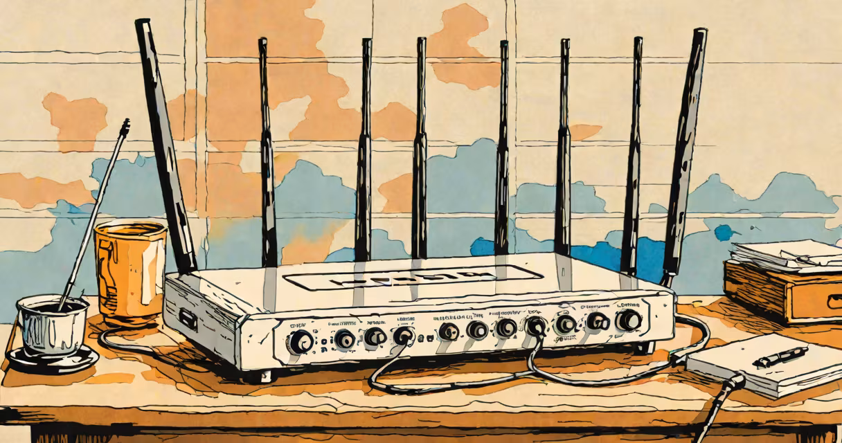 A router with extended antennas in a home office setting