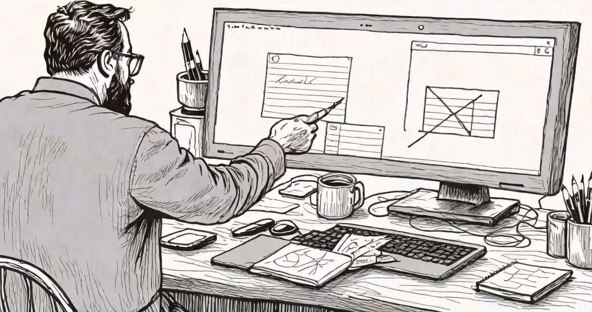 Person pointing at computer screen showing email inbox