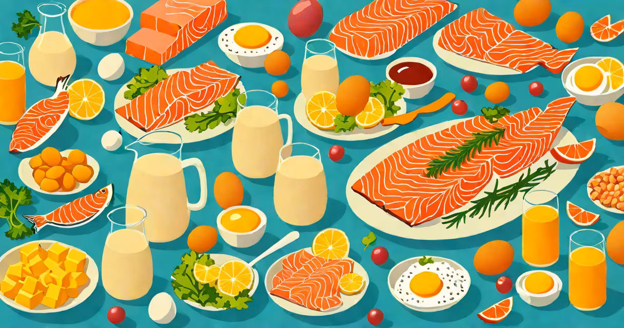 Assorted vitamin D-rich foods including salmon, eggs, and fortified milk