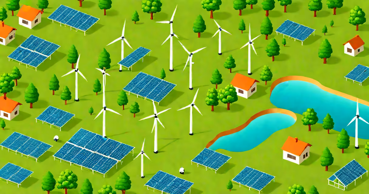 Wind turbines and solar panels generating clean energy in a rural landscape
