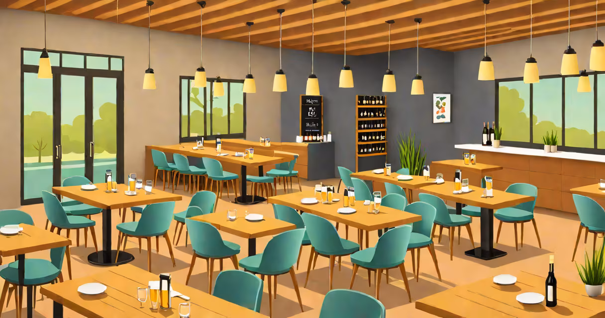 Modern restaurant interior with wooden tables and pendant lighting
