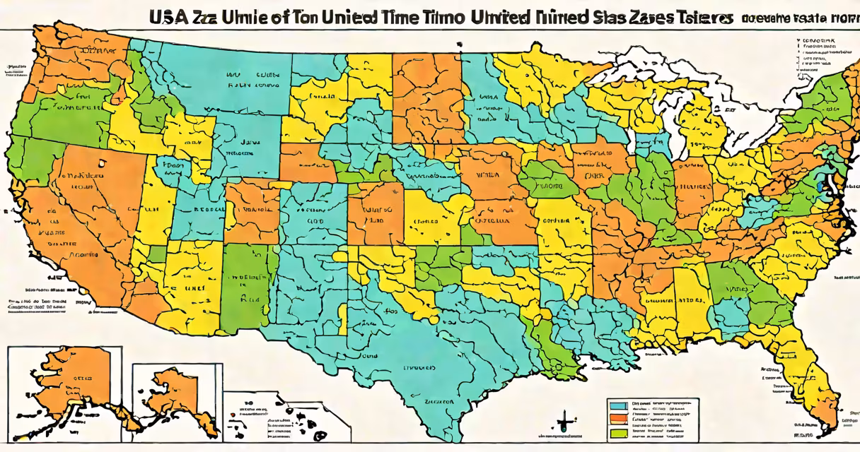 Map of the United States with time zones marked in different colors