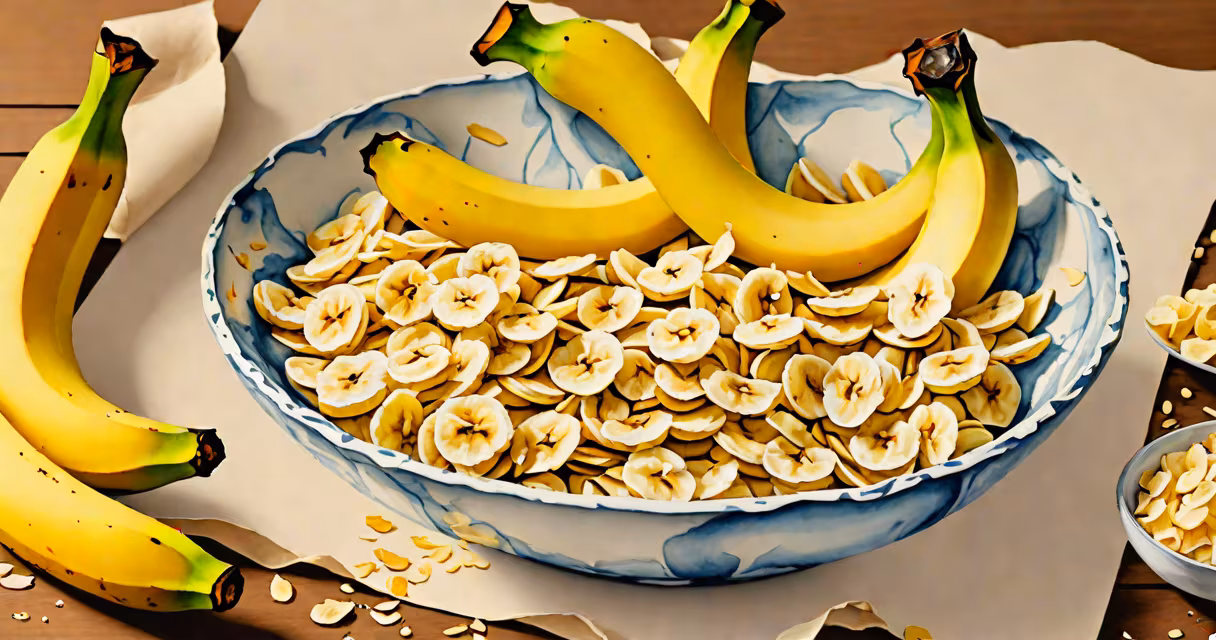 A bowl of banana flakes next to a peeled banana
