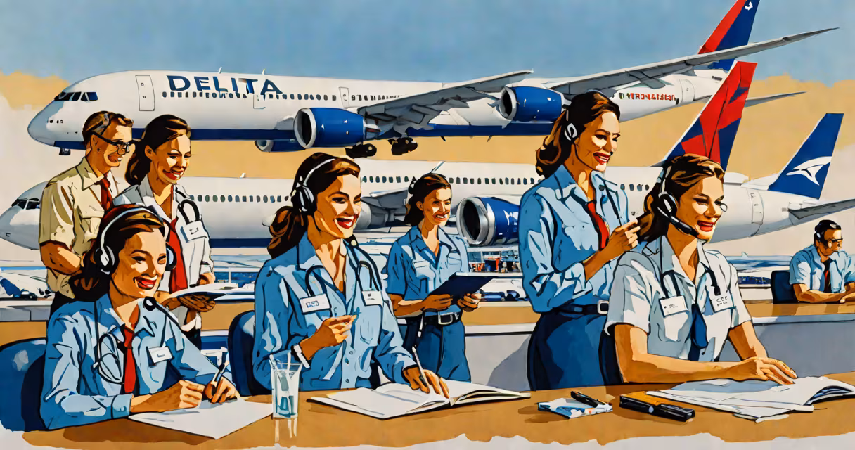 Delta Airlines logo with customer service representatives in the background