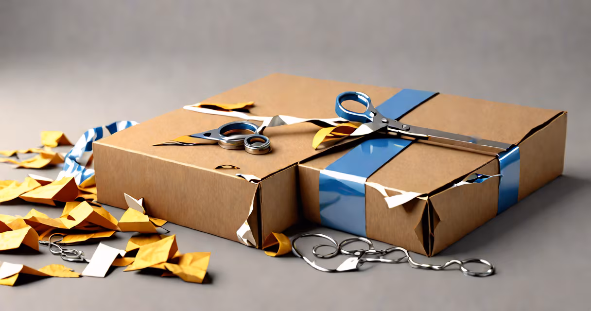 A close-up of a damaged package with tape and scissors beside it