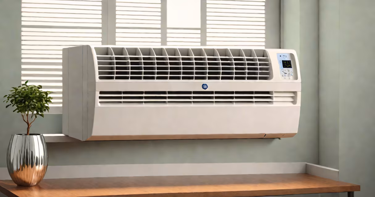 White GE 5050 BTU air conditioner mounted in a window
