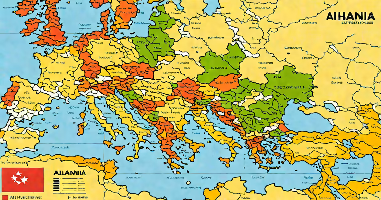 Political map of Albania within Europe, highlighting neighboring countries