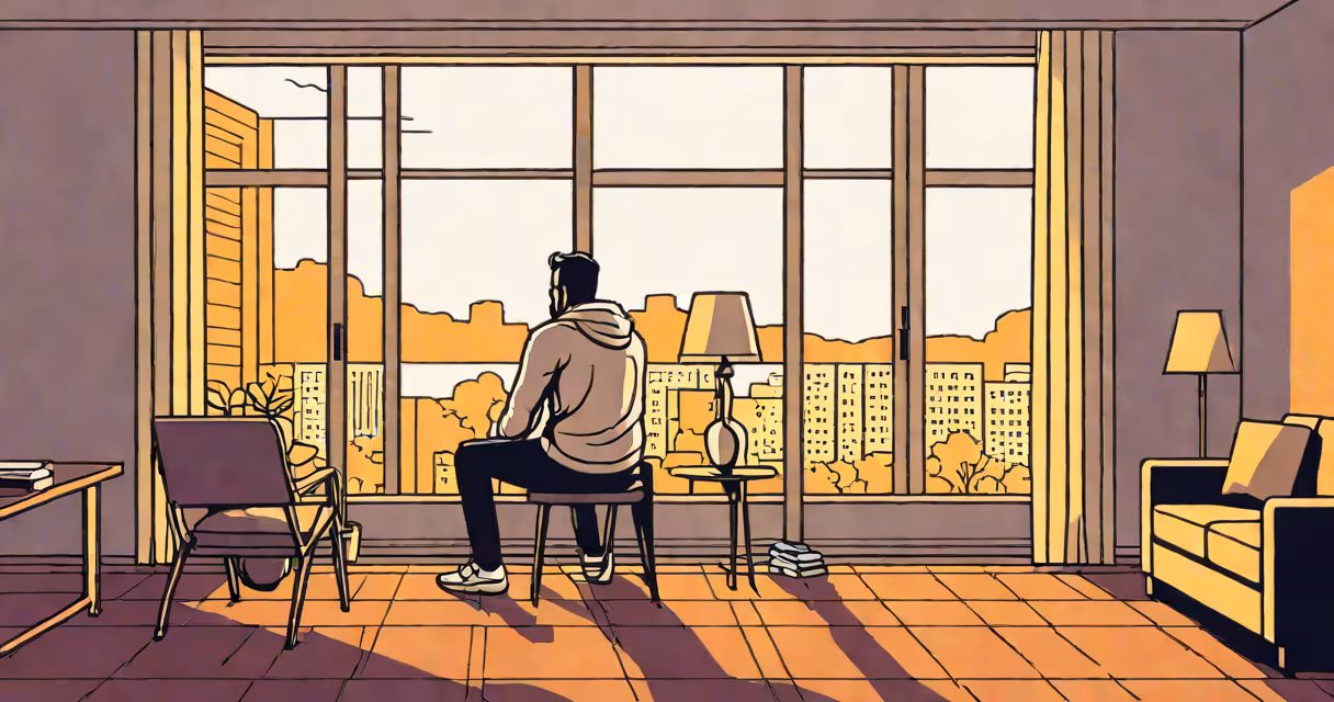 Person sitting alone in a dimly lit room, looking out a window
