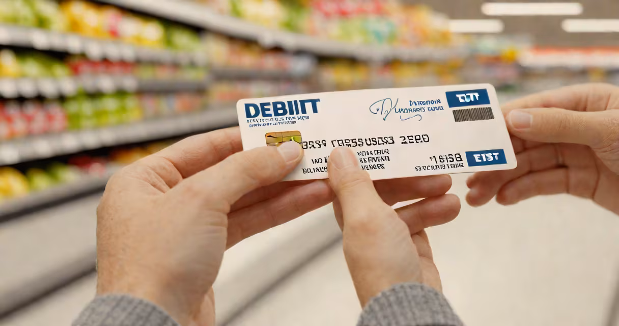 Close-up of a debit card with EBT logo on a grocery store counter