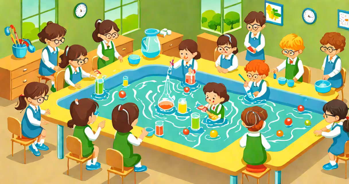 A group of kindergarten students conducting a simple sink-or-float experiment with various objects