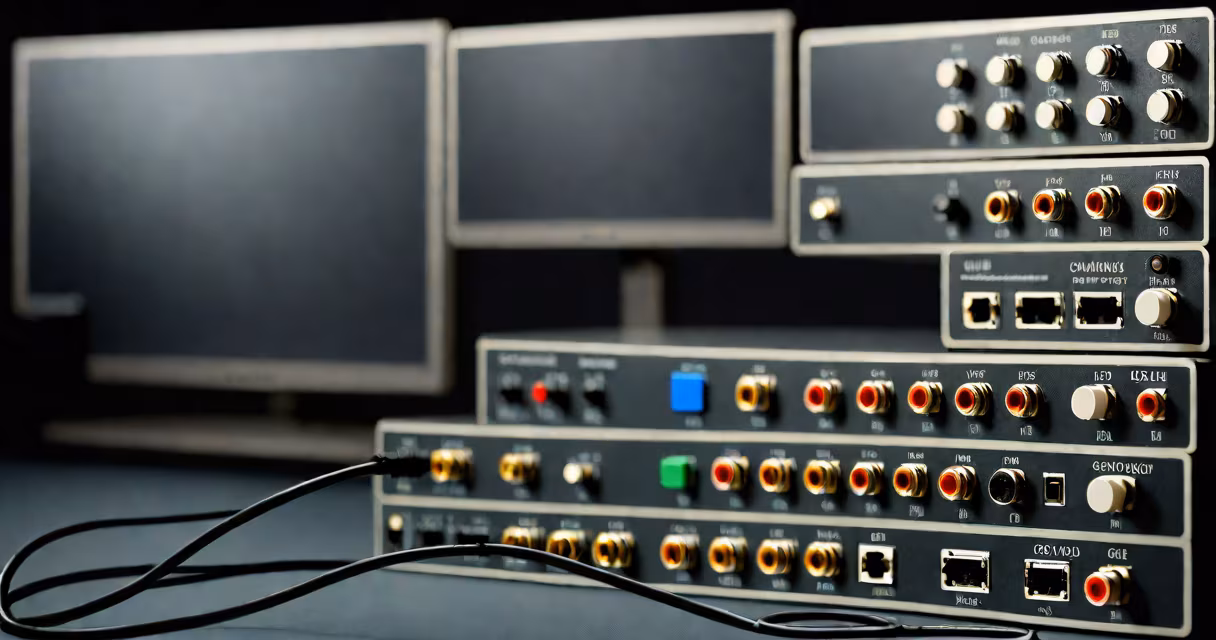 KVM switch box with connected monitors and cables