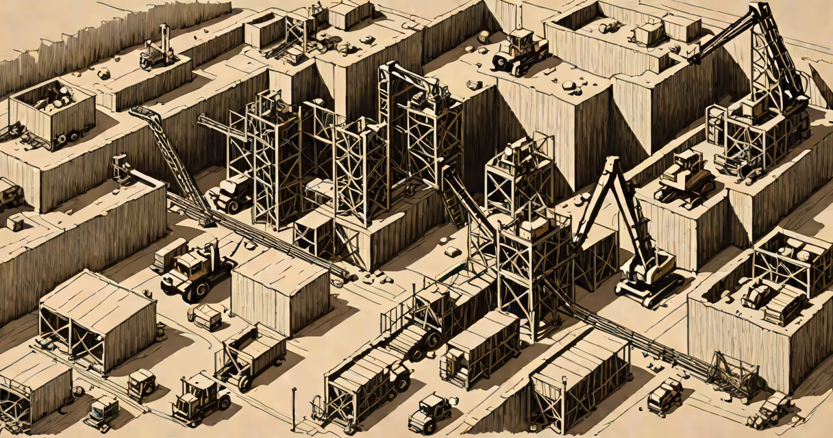 Aerial view of a mining operation with heavy machinery extracting raw materials